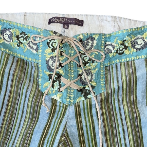 Hale Bob Vintage Retro Lace Up Striped Embroidered Corduroy Flared Pants - 2 - Picture 3 of 11